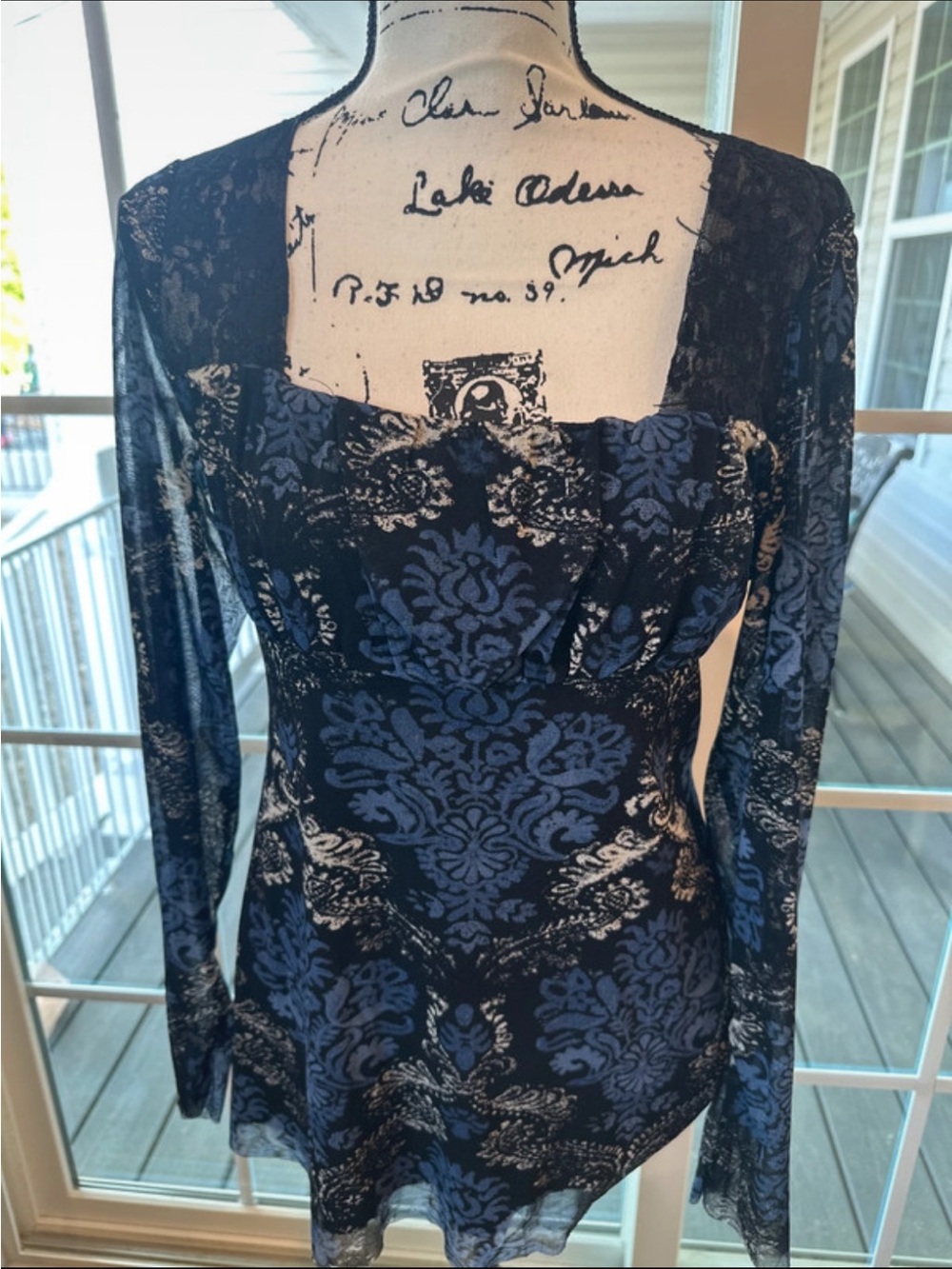 INC International Concepts Blue and Black Lace-Effect Long Sleeve Top. Size L